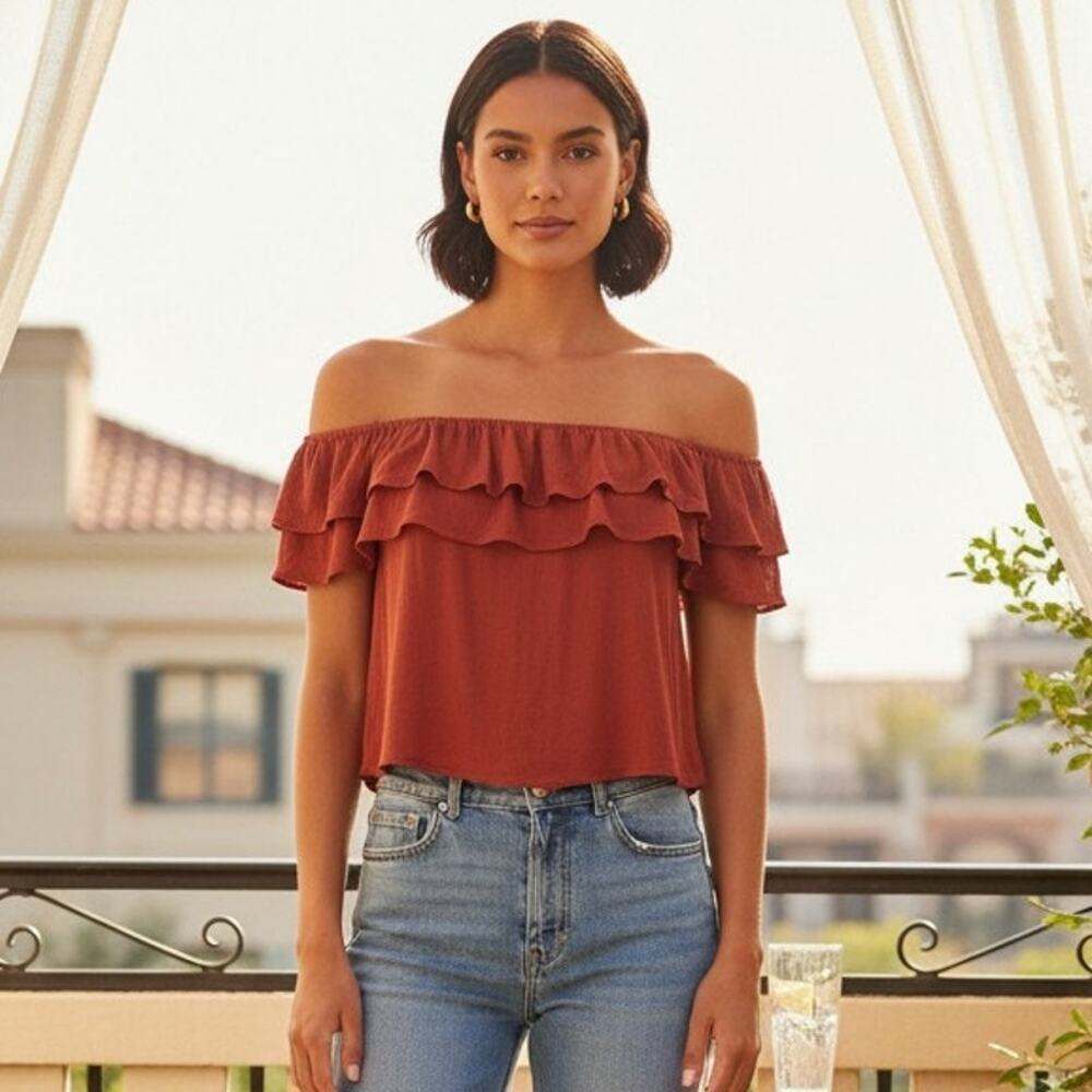 One Love Clothing Womens L Burnt Orange Ruffle Off Shoulder Crop Top Boho